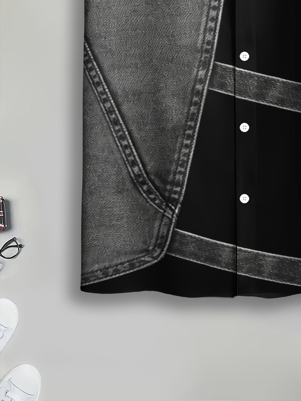 PrintedDesign-NotTextured 2dprinting Denim And Black Patchwork Style Men's Casual Shirt Print Denim Texture Design Summer Bold Contrast Panels