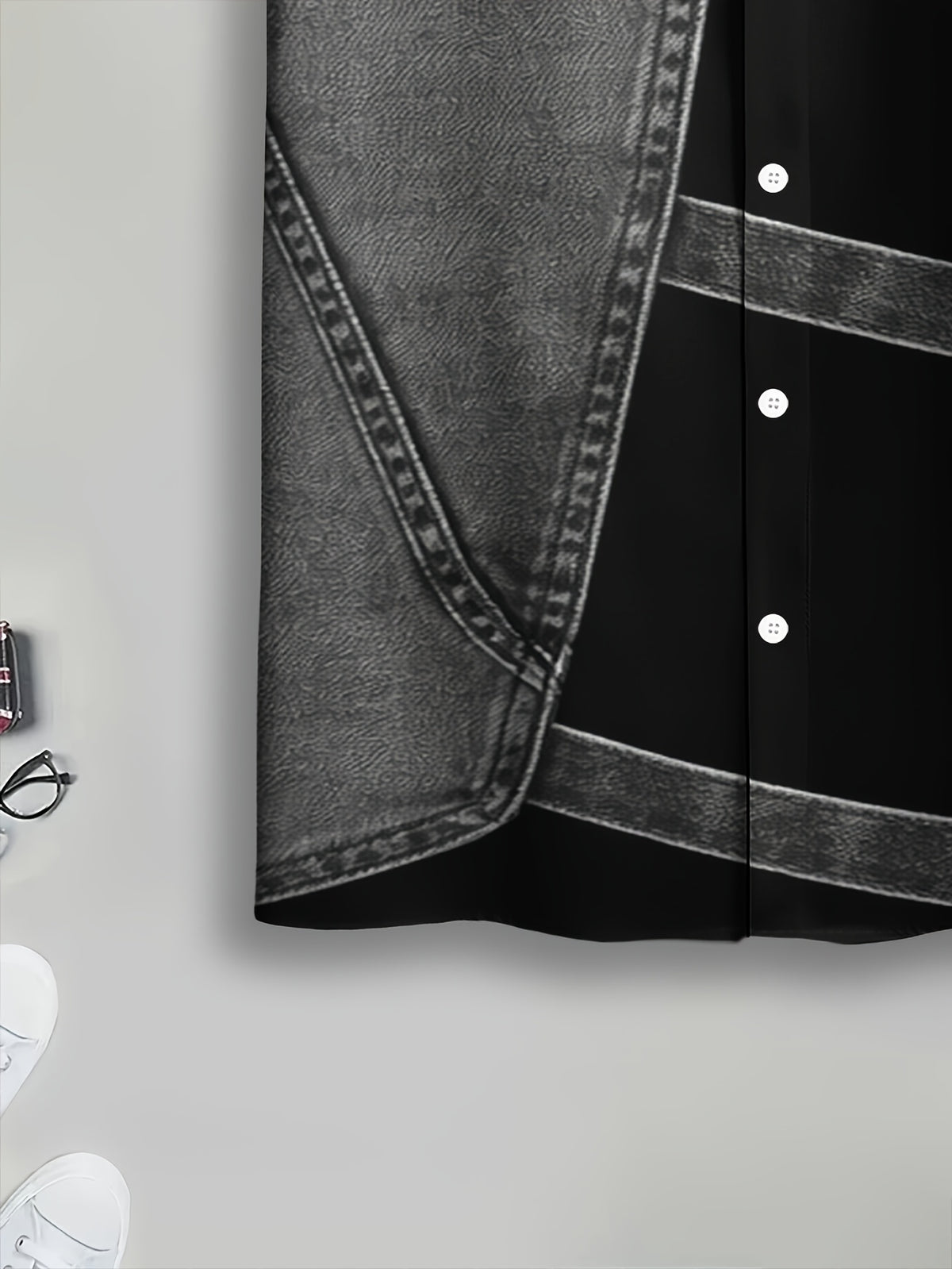 PrintedDesign-NotTextured 2dprinting Denim And Black Patchwork Style Men's Casual Shirt Print Denim Texture Design Summer Bold Contrast Panels
