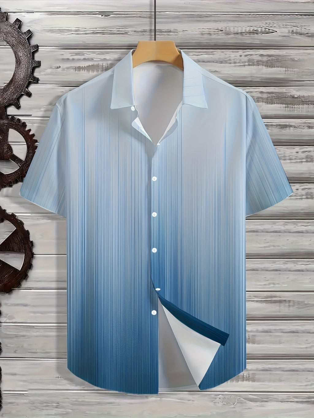 Light Blue Gradient Men'S Shirt, Summer Hawaiian Shirt, Casual Short Sleeve Button-Up Top