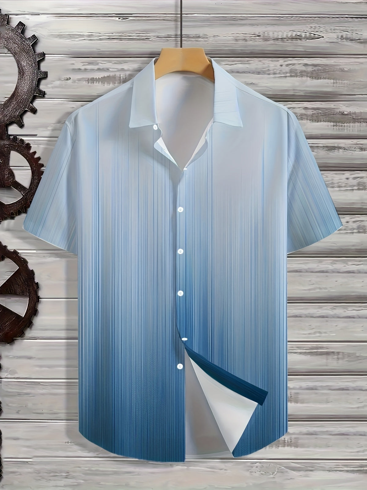 Light Blue Gradient Men'S Shirt, Summer Hawaiian Shirt, Casual Short Sleeve Button-Up Top