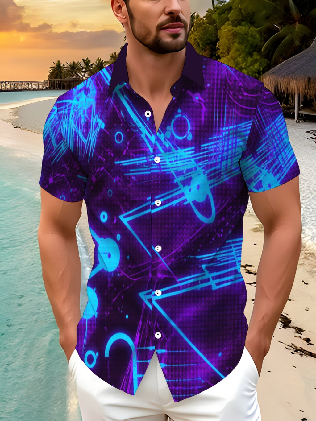 Men'S Short-Sleeve Button-Up Shirt, Geometric Pattern, Casual Turn- Collar, Fashionable Summer Wear