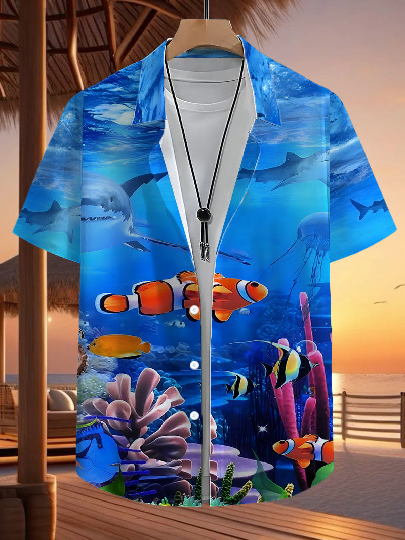 Men's Hawaiian Short-Sleeve Button-Up Shirt - Loose Fit Collar with Full-Body Tropical Fish & Hibiscus Print, Button Front Placket - Lightweight for Beach Vacation, Summer Outdoor Wear (Suitable for Hawaiian Luau)