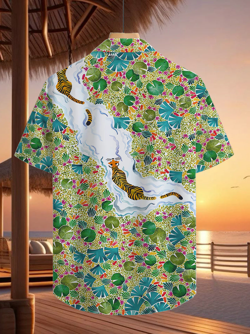 Men'S Casual Shirt Featuring a Trendy Tropical Plant And Tiger Design - Short-Sleeved with Button Details, Perfect for Summer Outdoor And Leisure Wear