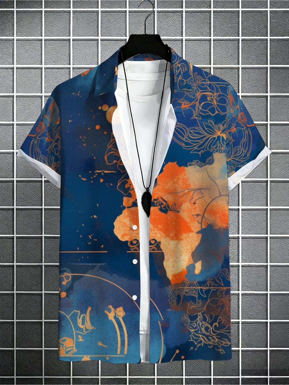 Men'S Casual Retro Travel Map Lotus Print Collared Shirt, Navy Blue Oriental Floral Summer Beach Short-Sleeve Top, Youth Daily Commute Shirt, Suitable As a Birthday Gift for Teenagers And Men Who Love Cruises, Seaside Trips, And Vacations