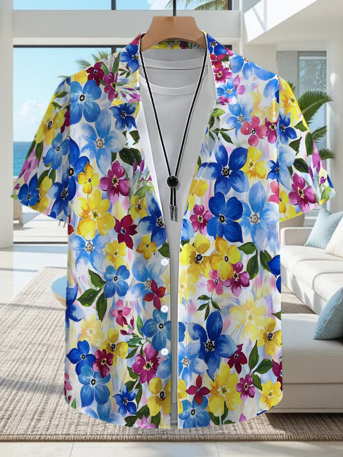 Hawaiian Tropical Style Men's Casual Shirt with Vibrant Floral Print - Short Sleeve Button-Up Design, Bright Colors, for Summer Outdoor and Casual Wear, Machine Washable