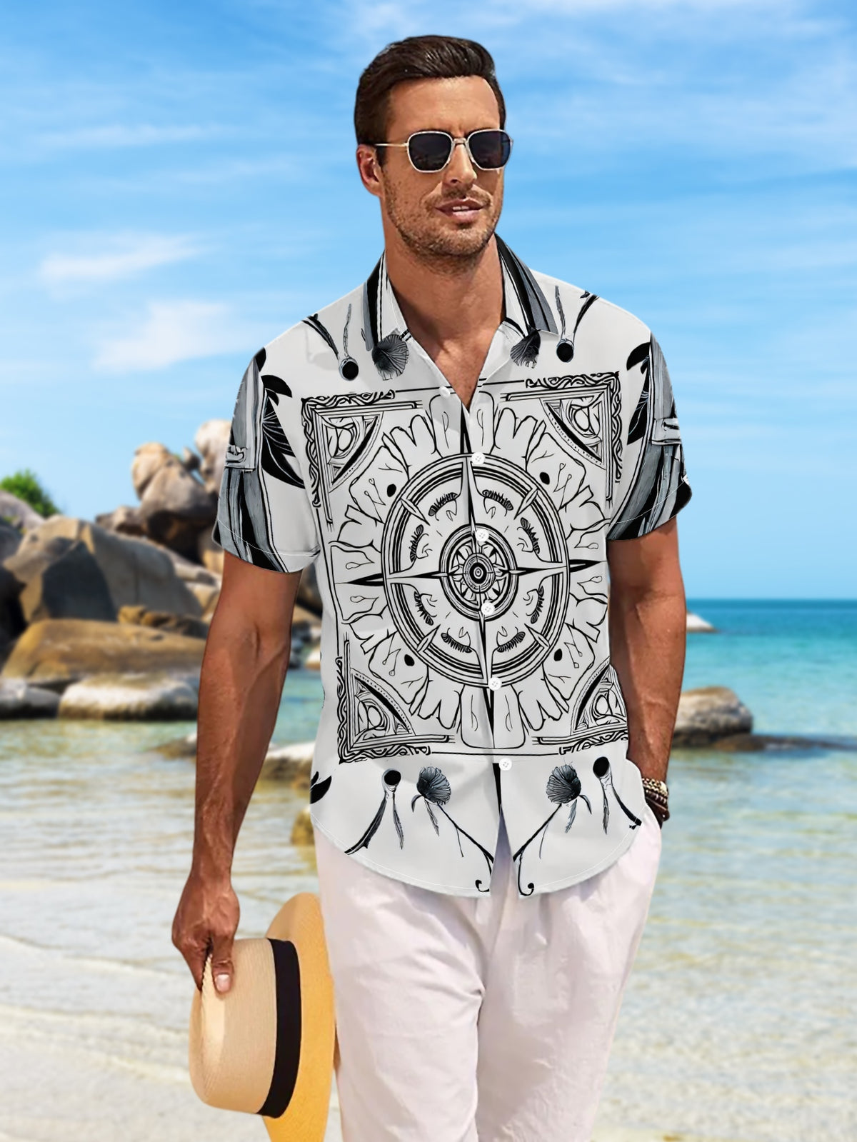 New Men's Casual Short-Sleeve Shirt with Black and White Symmetrical Pattern, Adorned with Floral Compass Elements, Versatile for Holiday Parties and Commuting, Machine-Washable Polyester Fiber Fabric, Button-Up Printed Shirt