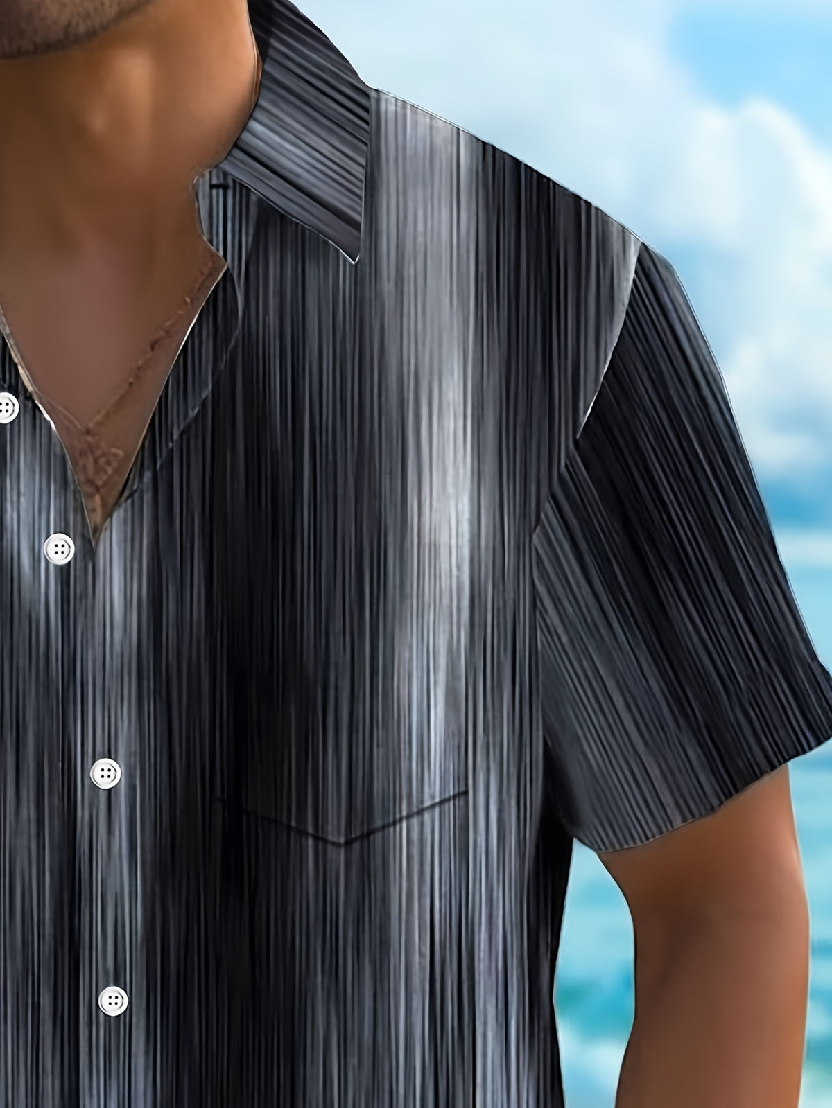 Vintage Gradient Stripe Texture Men's Button Pocket Shirt, PLUS SIZE