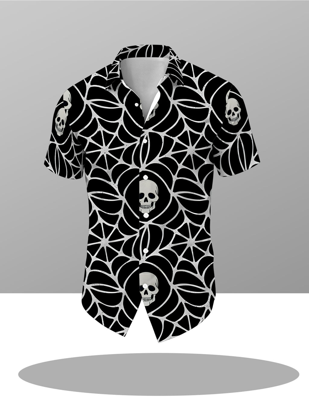 Dark Street Style Spider Web Skull Men'S Shirt, Featuring a Solid Black Base with Silvery-Gray Spider Web Prints All Over. The Web Patterns Are As Intricate As Medieval Gothic Window Grids, And The Skull in The Center of The Web Carries a Cold