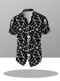 Dark Street Style Spider Web Skull Men'S Shirt, Featuring a Solid Black Base with Silvery-Gray Spider Web Prints All Over. The Web Patterns Are As Intricate As Medieval Gothic Window Grids, And The Skull in The Center of The Web Carries a Cold