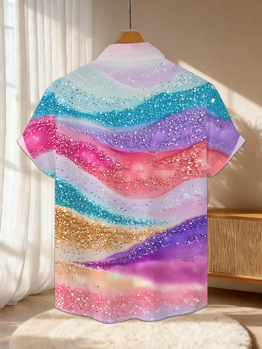 New Men'S Casual Short-Sleeve Shirt with a Shimmering Wave Design, Adorned with Sequins for a Dreamy Pastel Look. Perfect for Festive Gatherings And Versatile for Commuting, Made from Machine-Washable Polyester Fabric, Featuring a Button Print