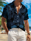 New Men'S Casual Short-Sleeve Shirt Featuring a Deep Blue Tropical Leaf Pattern, with a Dark Background That Highlights Its Elegant Texture. Perfect for Holiday Gatherings And Commuting, Made from Machine-Washable Polyester Fabric