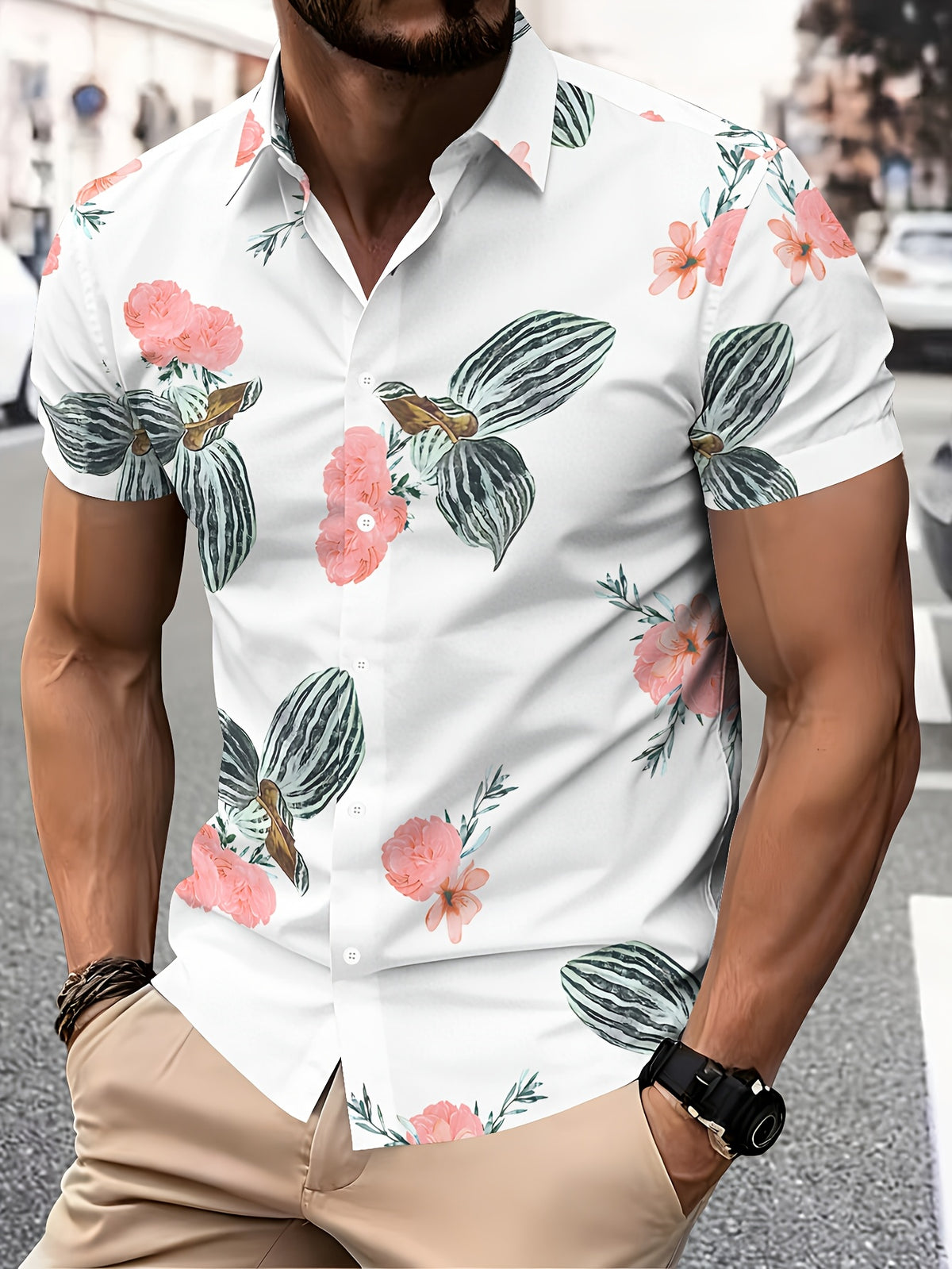 Men's Casual Shirt with Floral Print, Tropical Flowers and Leaves, Vibrant Summer Colors and Intricate Design