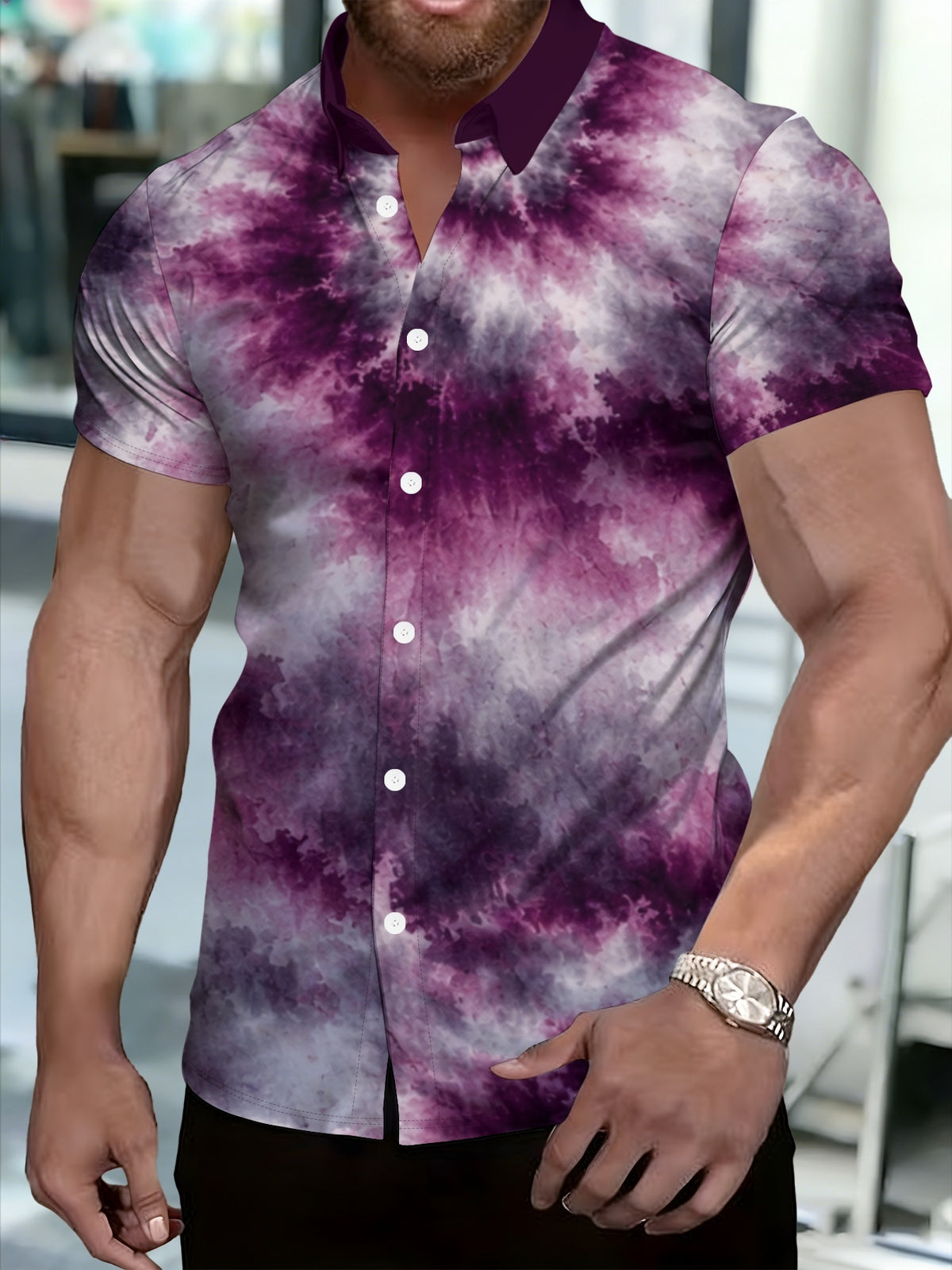 Men'S Short-Sleeve Button-Up Shirt, Geometric Pattern, Casual Turn- Collar, Fashionable Summer Wear