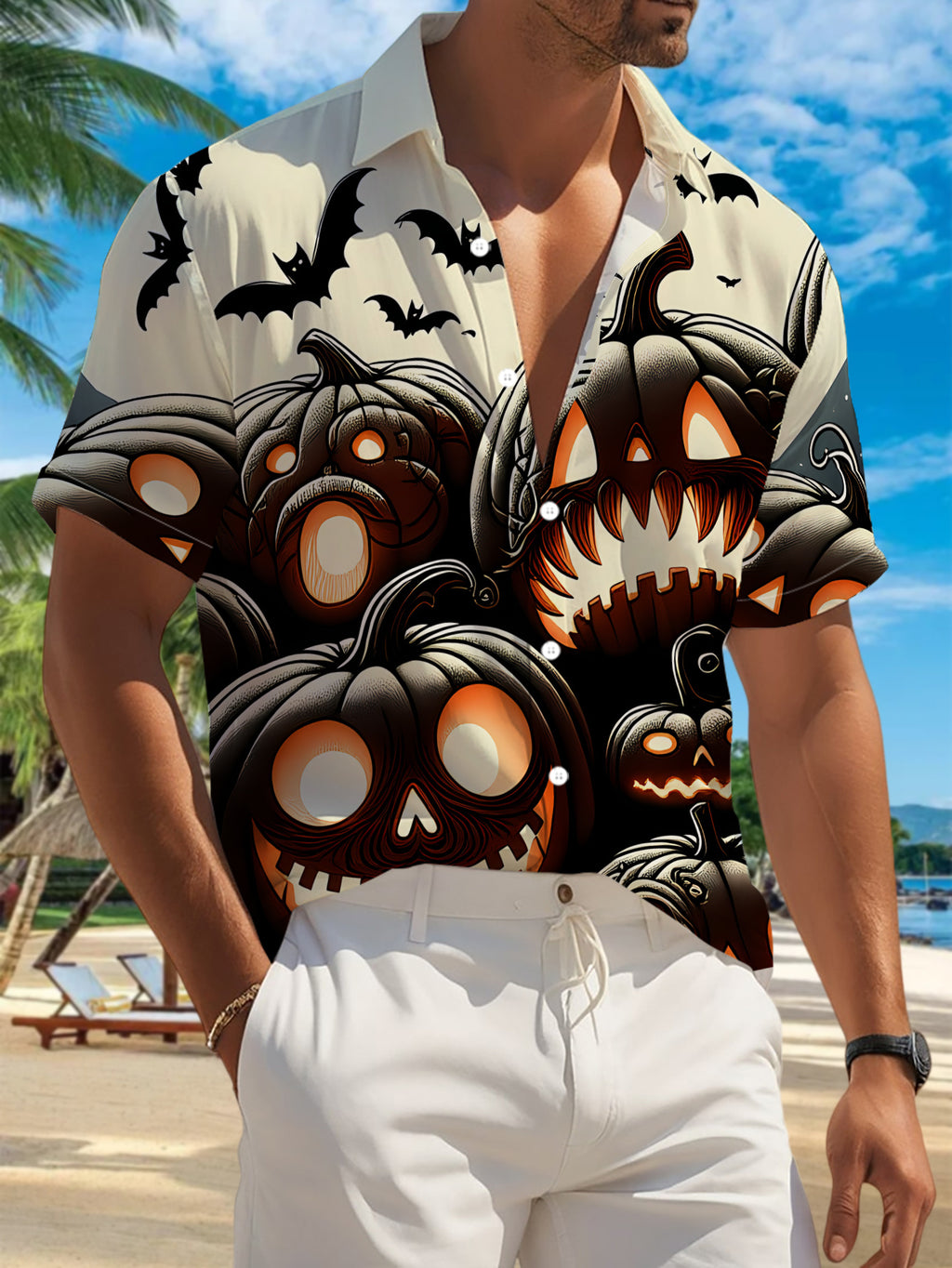 New Men'S Casual Short-Sleeved Shirt, Dark Night Pumpkin Group Grinning, Bats Flying Around The Full, Holiday Party Commuting Versatile Casual Top, Polyester Fiber Fabric Machine Washable, Button Print Shirt