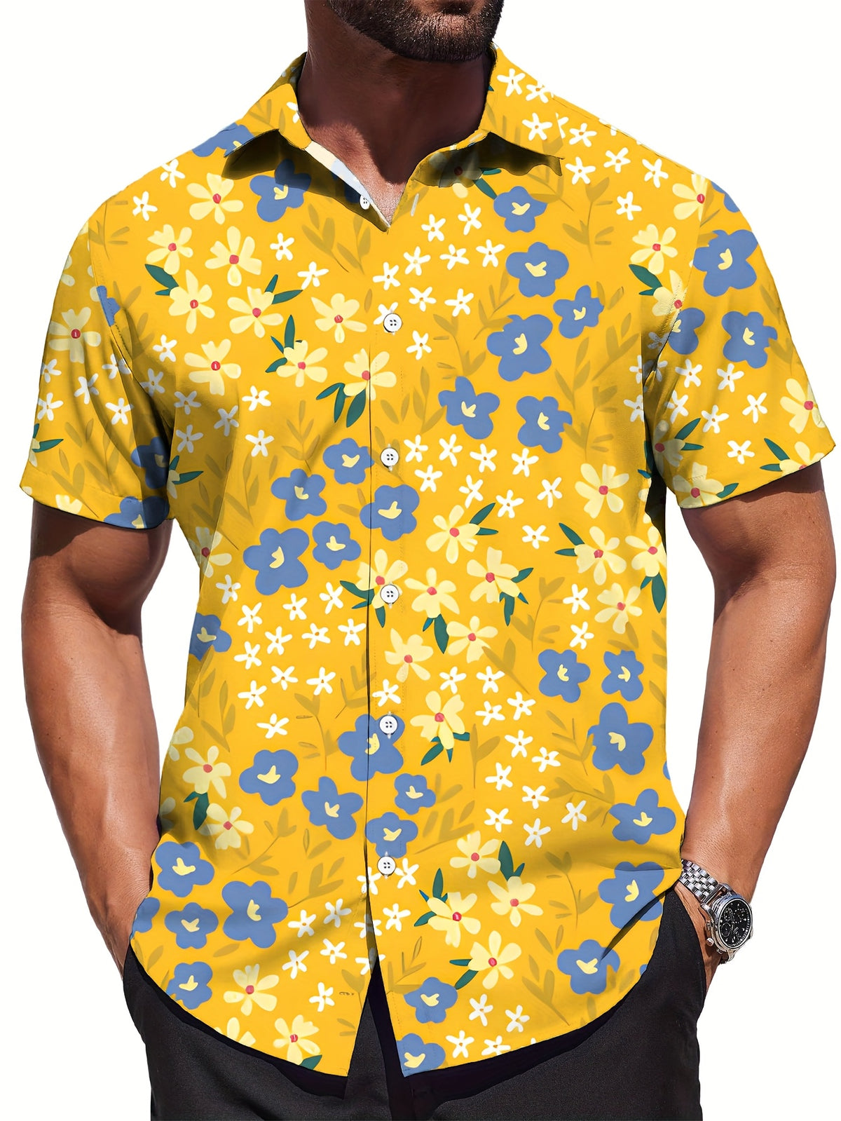 Men'S Casual Floral Short-Sleeve Button- Shirt - Light Green with White Daisy Print