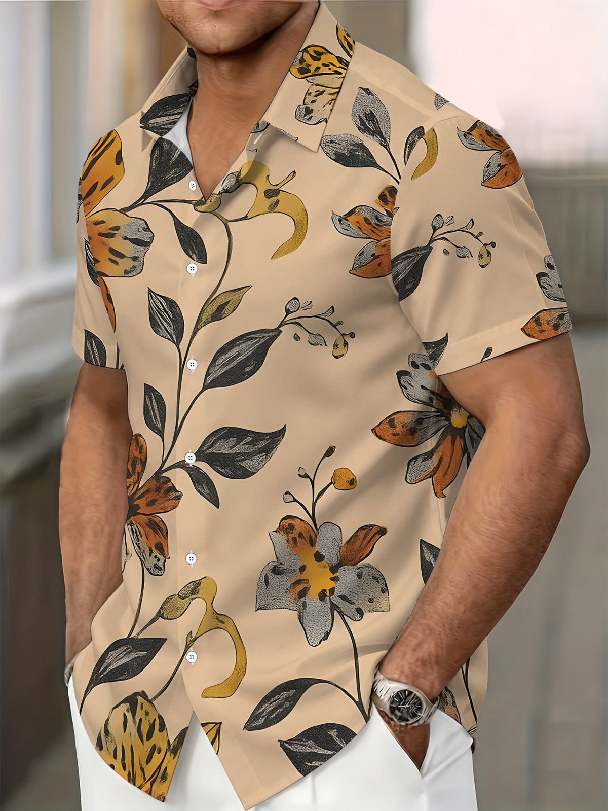 Men's Short-Sleeve Shirt, Floral Pattern, Printed Design, Short Sleeves, Multicolored Flowers, Cool Men's Shirt, Warm Beige Base, Men's Casual Short-Sleeve Shirt, Summer Style