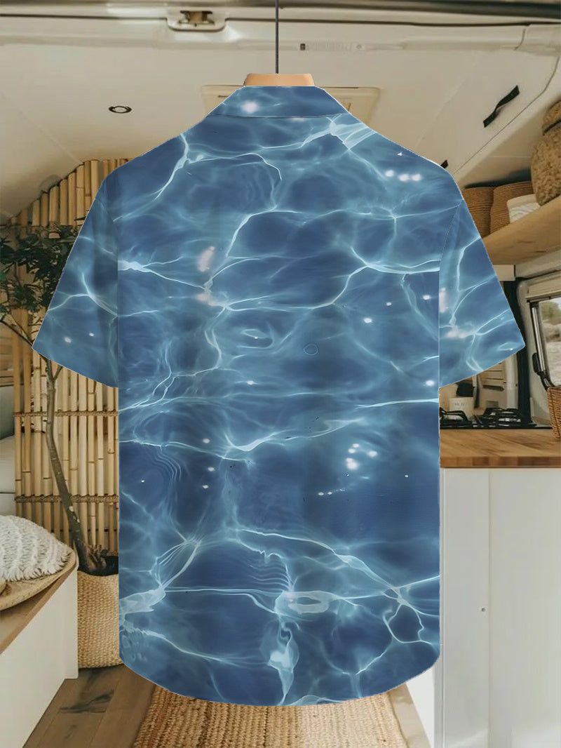 Fashion Water Ripple Pattern Print Shirt, Tropical Hawaiian Shirt - Short Sleeve, Casual Button- Men's Shirt, Lightweight Polyester for Summer Adventures