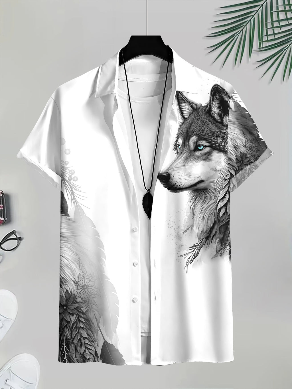 Men's Casual Fashion Short-Sleeve Shirt with Wolf Pattern Design, Suitable for Beach Vacations and Casual Outings, Wolf Portrait Art for a Relaxed Summer Look