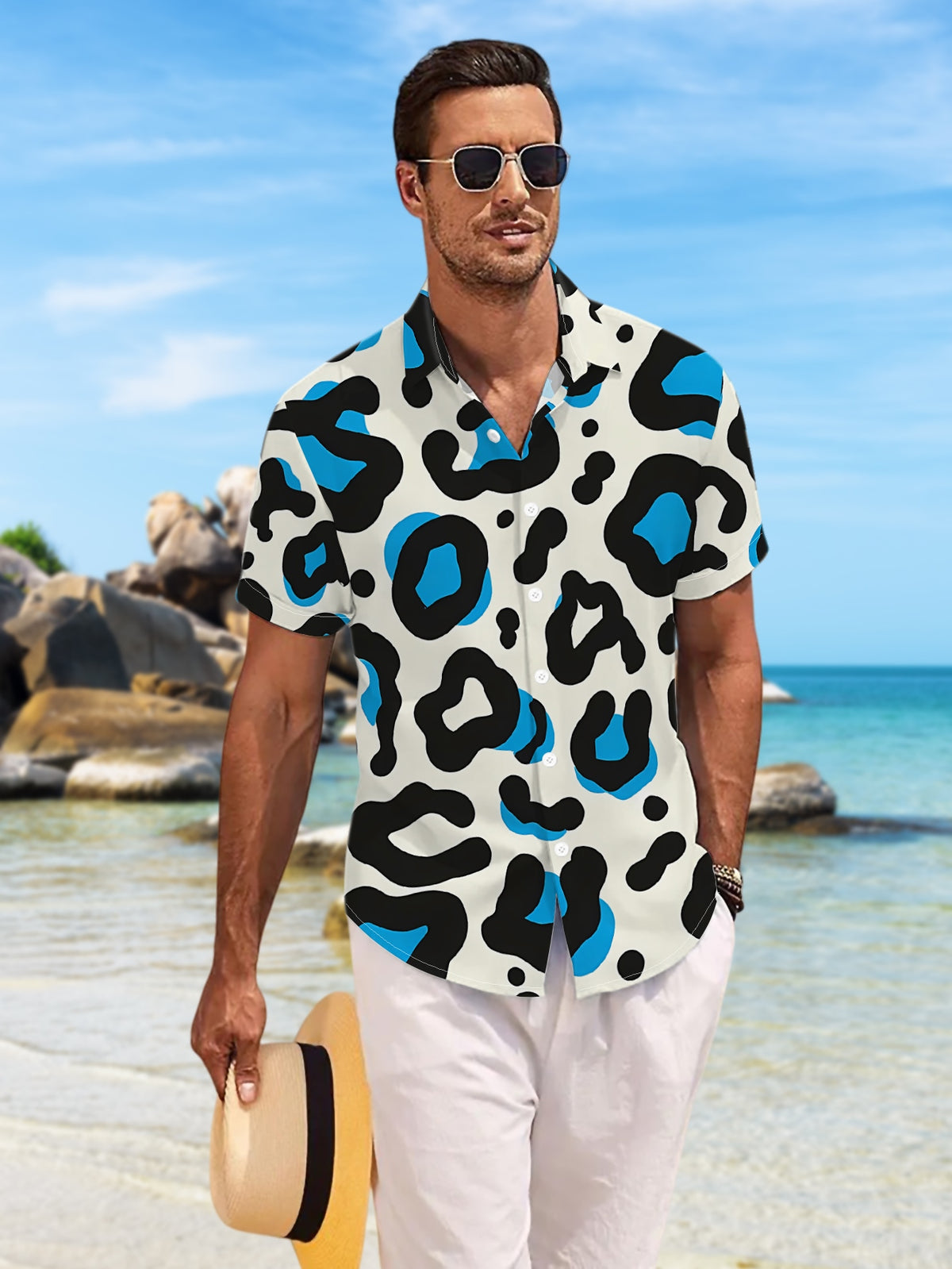 New Men's Casual Short-Sleeve Shirt with Beige Base, Black Stripe, Blue Heart, and Leopard Print Design - Versatile for Festivals, Parties, and Commuting - Polyester Fabric, Machine Washable - Button- Printed Shirt
