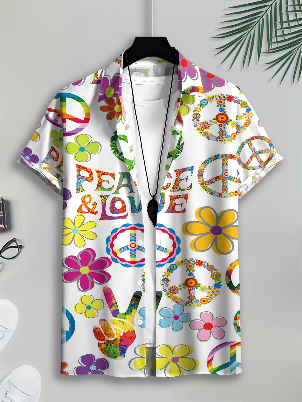 Hippie Style Men'S Casual Shirt, Print Peace And Love Floral Pattern, Summer Vibrant Colors And Retro Symbols
