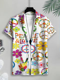 Hippie Style Men'S Casual Shirt, Print Peace And Love Floral Pattern, Summer Vibrant Colors And Retro Symbols