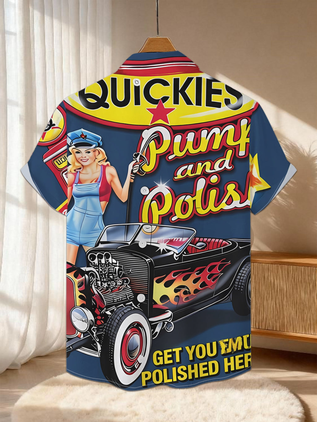 New Men'S Casual Short-Sleeve Shirt Featuring a Vintage Auto Repair Shop Design, Paired with a Hot Girl And a Flame-Modified Car. Perfect for Holiday Gatherings And Commuting