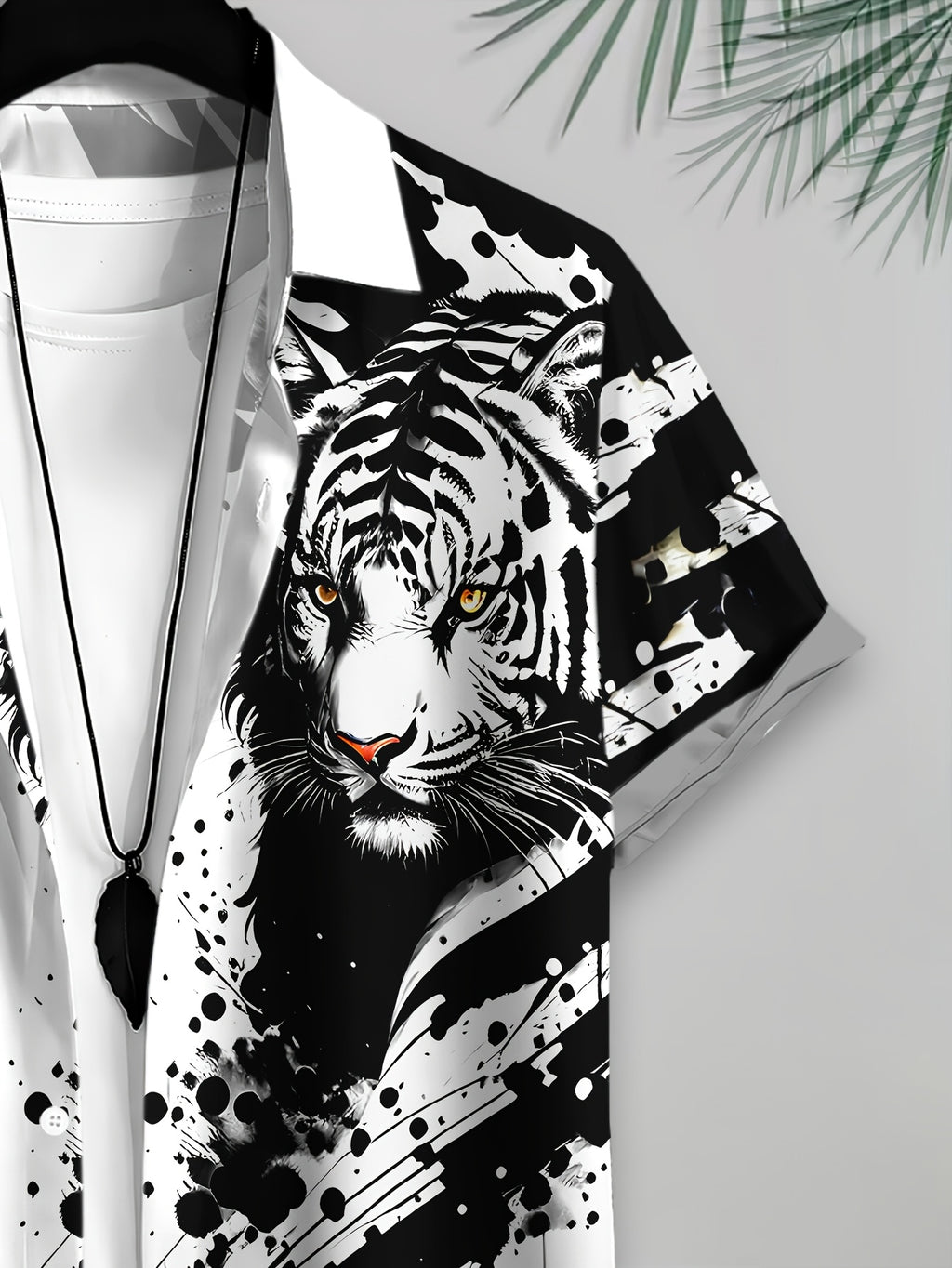 Casual Style Men'S Shirt, Print White Tiger Face with Black Ink Splatter, Summer Bold Animal Pattern Design
