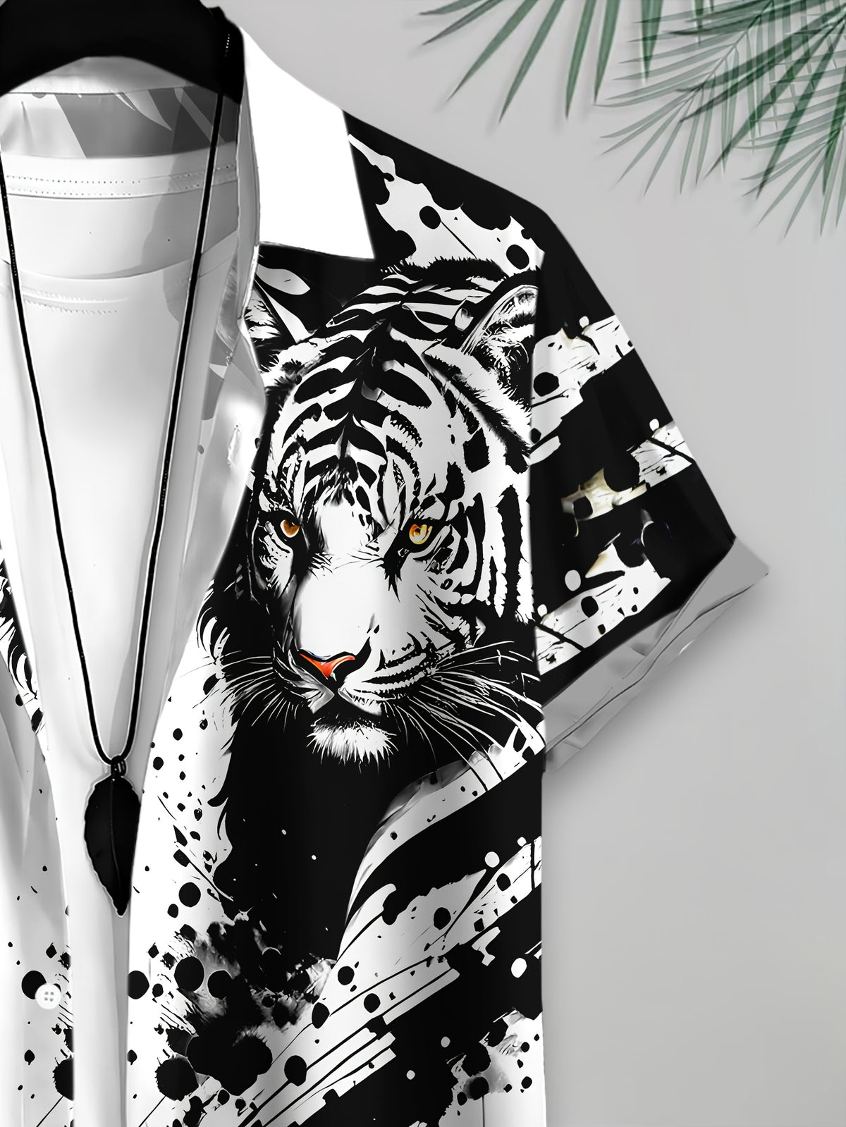 Casual Style Men'S Shirt, Print White Tiger Face with Black Ink Splatter, Summer Bold Animal Pattern Design
