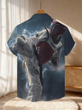 New Men's Casual Short-Sleeve Shirt: Taekwondo Black Belt Kicking with Electric Sparks Bursting All Over. Versatile for Holiday Parties and Commuting. Polyester Fiber Fabric, Machine Washable. Button-Up Printed Shirt