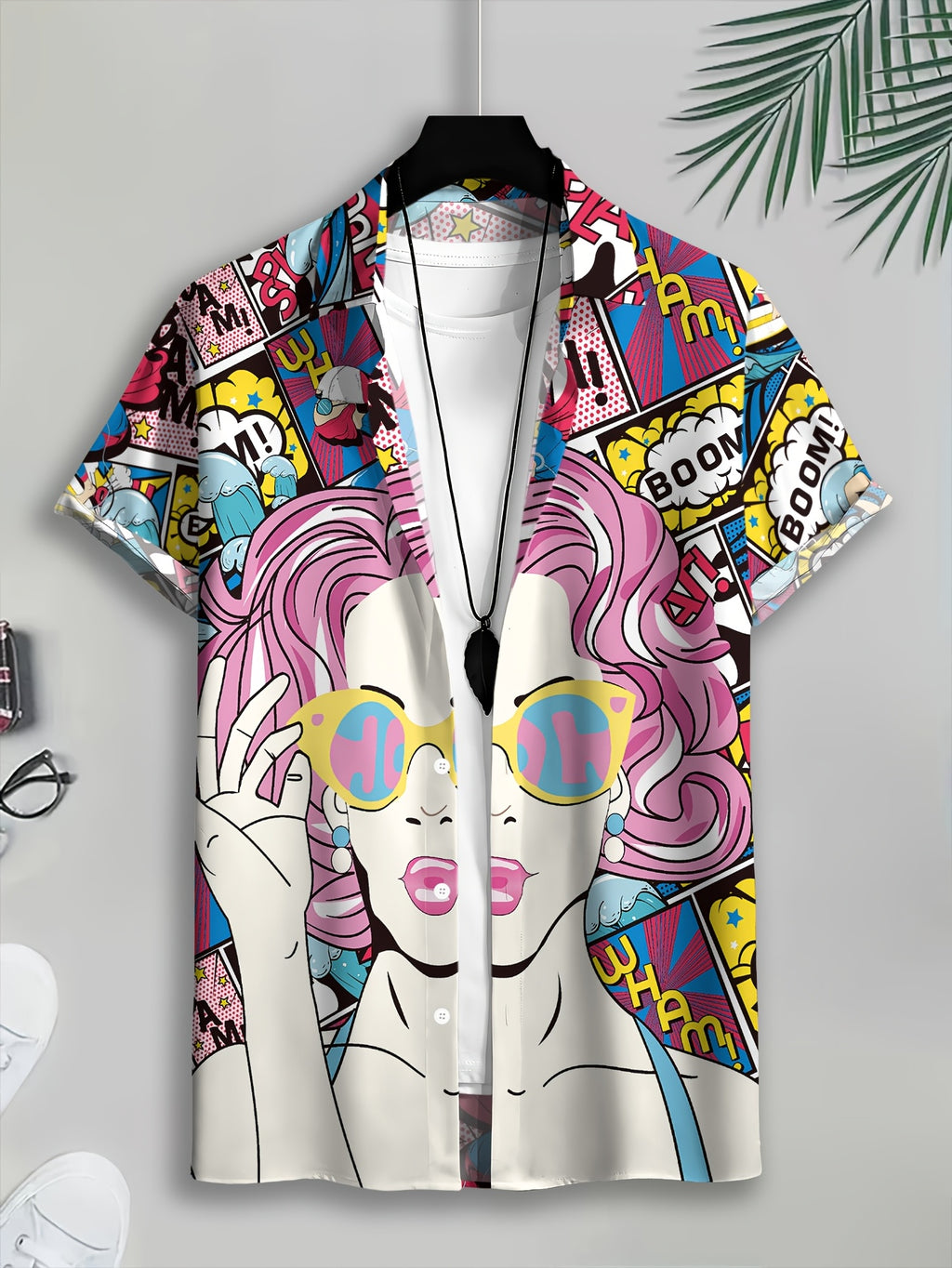 Comic Style Men'S Casual Shirt, Printed Multicolor Pop Art Woman with Pink Hair And Sunglasses, Summer Vibrant Cartoon Speech Bubbles And Dynamic Action Words