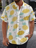 Pineapple Print Men'S Short Sleeve Shirt, Casual Summer Beachwear, Tropical Vacation, Ideal for Young Adults, Perfect Gift for Father'S Day, Birthday, Or Holiday Celebrations