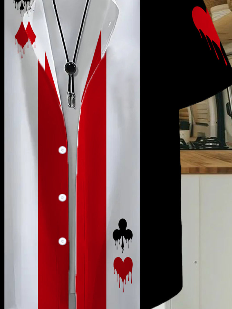 Men's Casual Anime Shirt with Hawaiian-Style Playing Card Cartoon Print, Regular Fit with Lapel Collar, Outdoor Travel Apparel