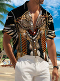 New Men's Casual Short-Sleeve Shirt with Feather Eagle Pattern and Spiritual Ornament, Showcasing Native American Tribal Totem Motifs. Versatile for Festivals, Gatherings, and Commuting. Made of Polyester Fabric, Machine Washable. Button