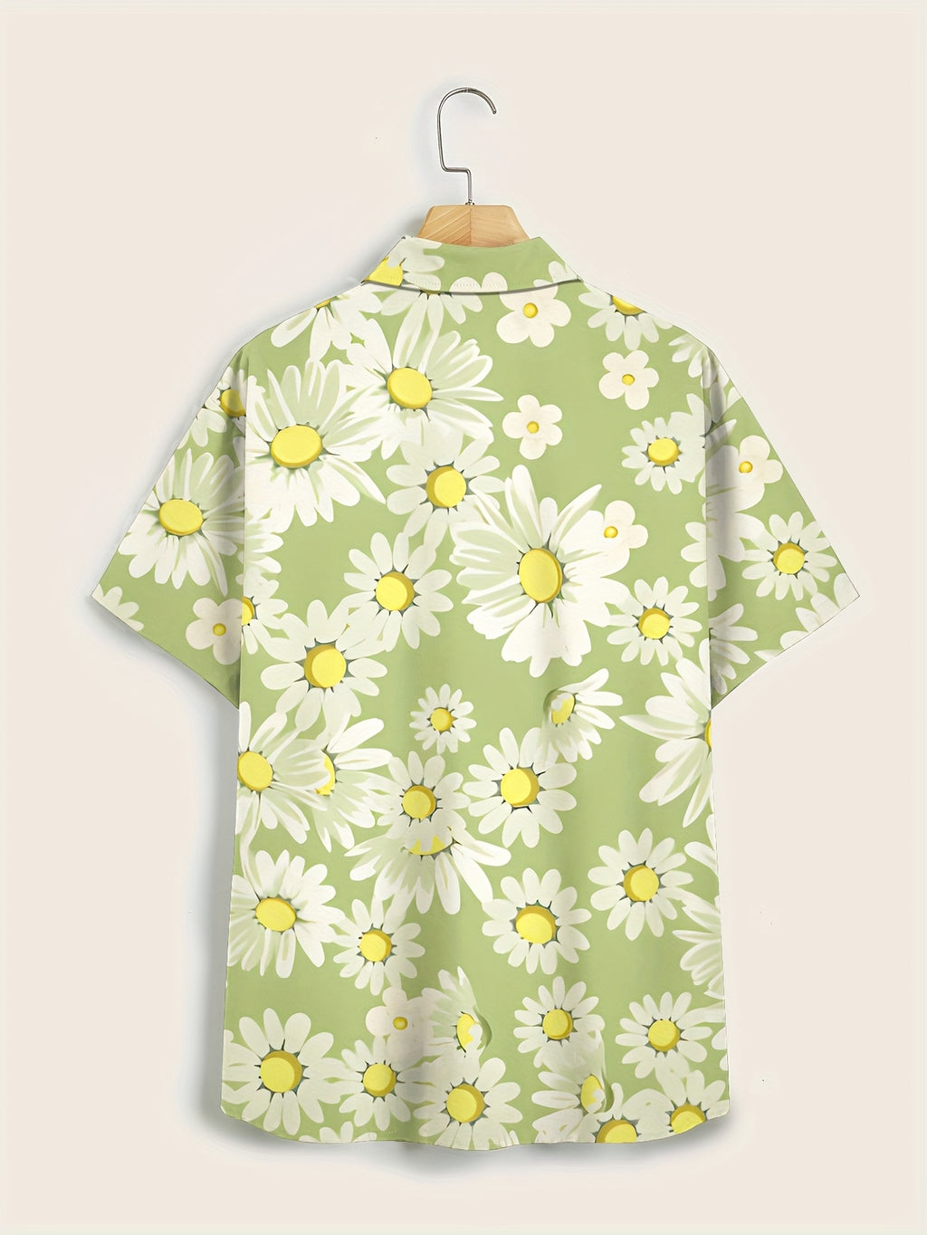 Men'S Casual Floral Short-Sleeve Button- Shirt - Light Green with White Daisy Print