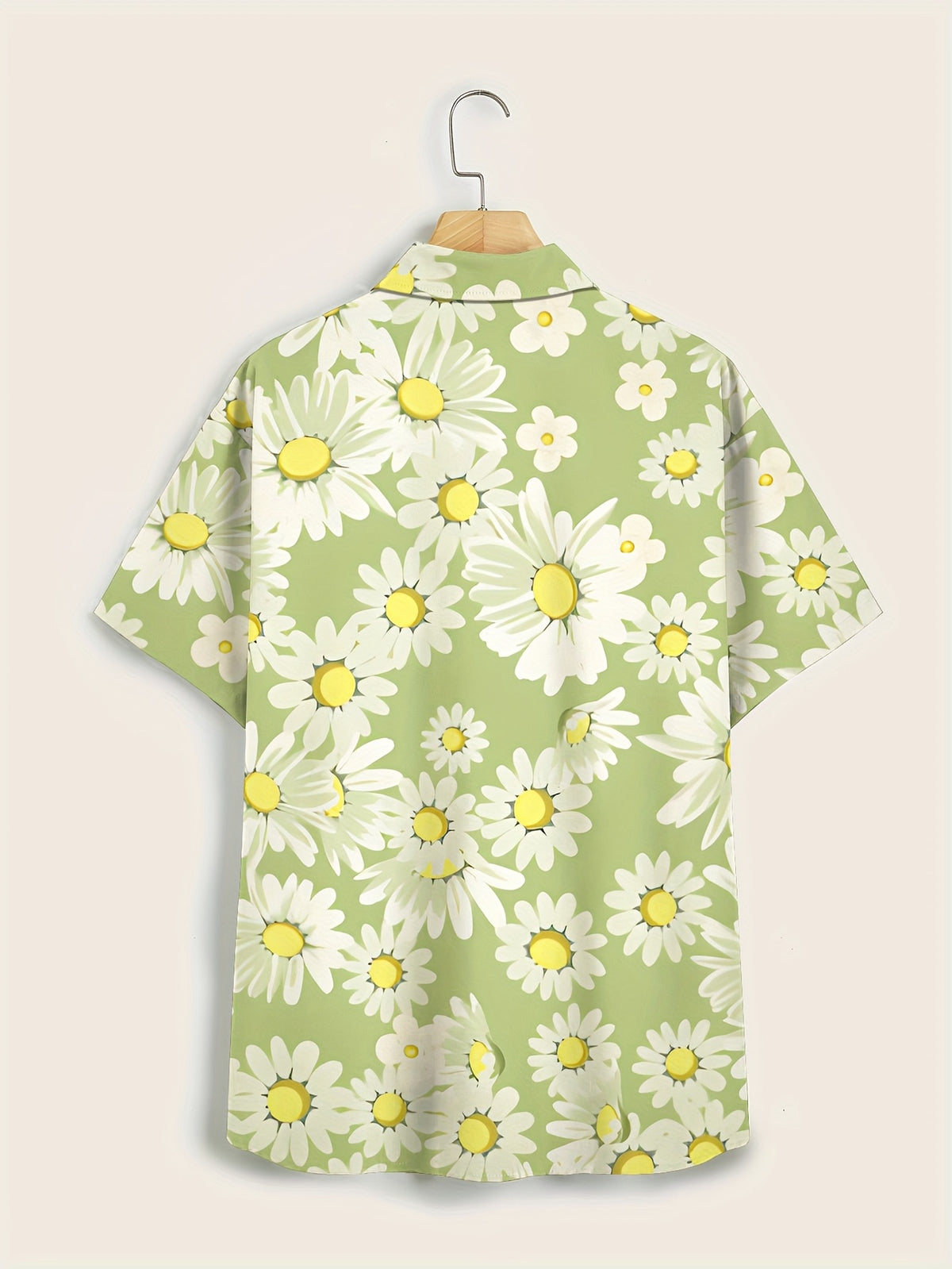 Men'S Casual Floral Short-Sleeve Button- Shirt - Light Green with White Daisy Print