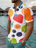 New Men'S Short Sleeve Shirt - Untextured - Colorful Fruit Pattern Cute Warm Print, Fashionable Easy Short Sleeve, Button-Up, Casual Lapel Shirt, Fashionable And Versatile, Suitable for Dates, Beach Vacations, Perfect Gift for Men