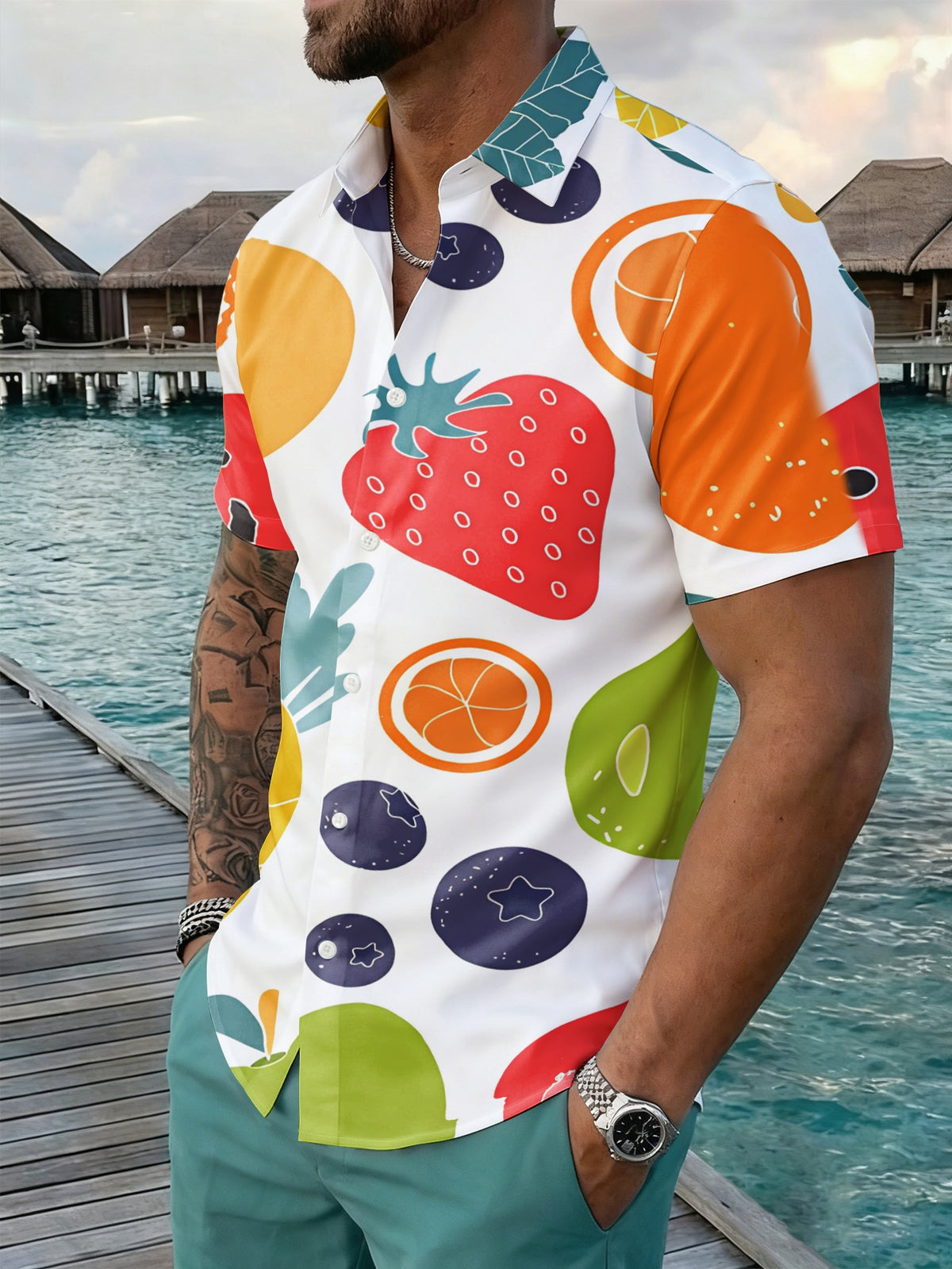 New Men'S Short Sleeve Shirt - Untextured - Colorful Fruit Pattern Cute Warm Print, Fashionable Easy Short Sleeve, Button-Up, Casual Lapel Shirt, Fashionable And Versatile, Suitable for Dates, Beach Vacations, Perfect Gift for Men