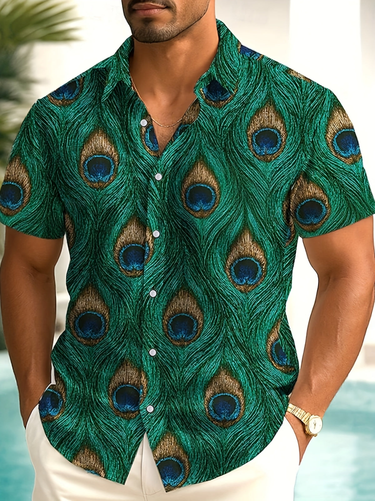 Peacock Feather Men'S Shirt, Retro Bohemian Style Short Sleeve, Covered with Peacock Tail Feathers And "Eye-Shaped Spots" Pattern, Rich Colors with Tropical Vibe, Perfect for Vacation And Casual Wear, Showcasing Unique Fashion Sense