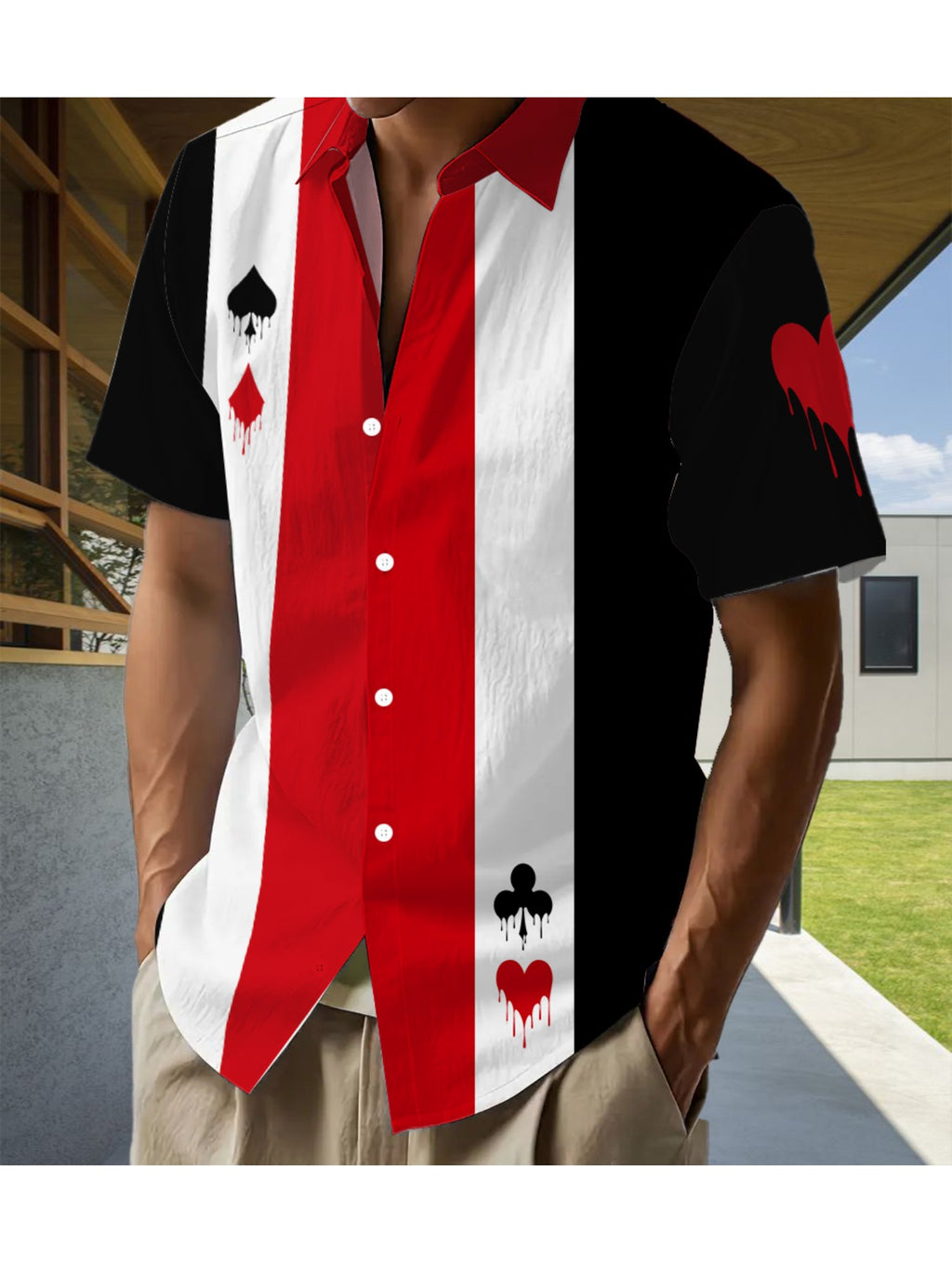 Men's Casual Anime Shirt with Hawaiian-Style Playing Card Cartoon Print, Regular Fit with Lapel Collar, Outdoor Travel Apparel