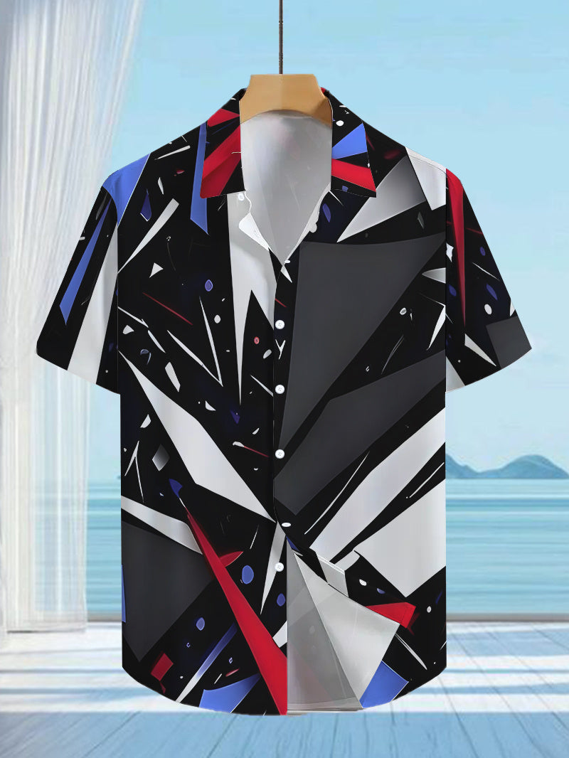 Fashionable Anime Geometric Patterned Print Shirt, Trendy Tropical Hawaiian Short-Sleeve Shirt, Casual Button-Up Men'S Shirt, Lightweight for Summer Adventures