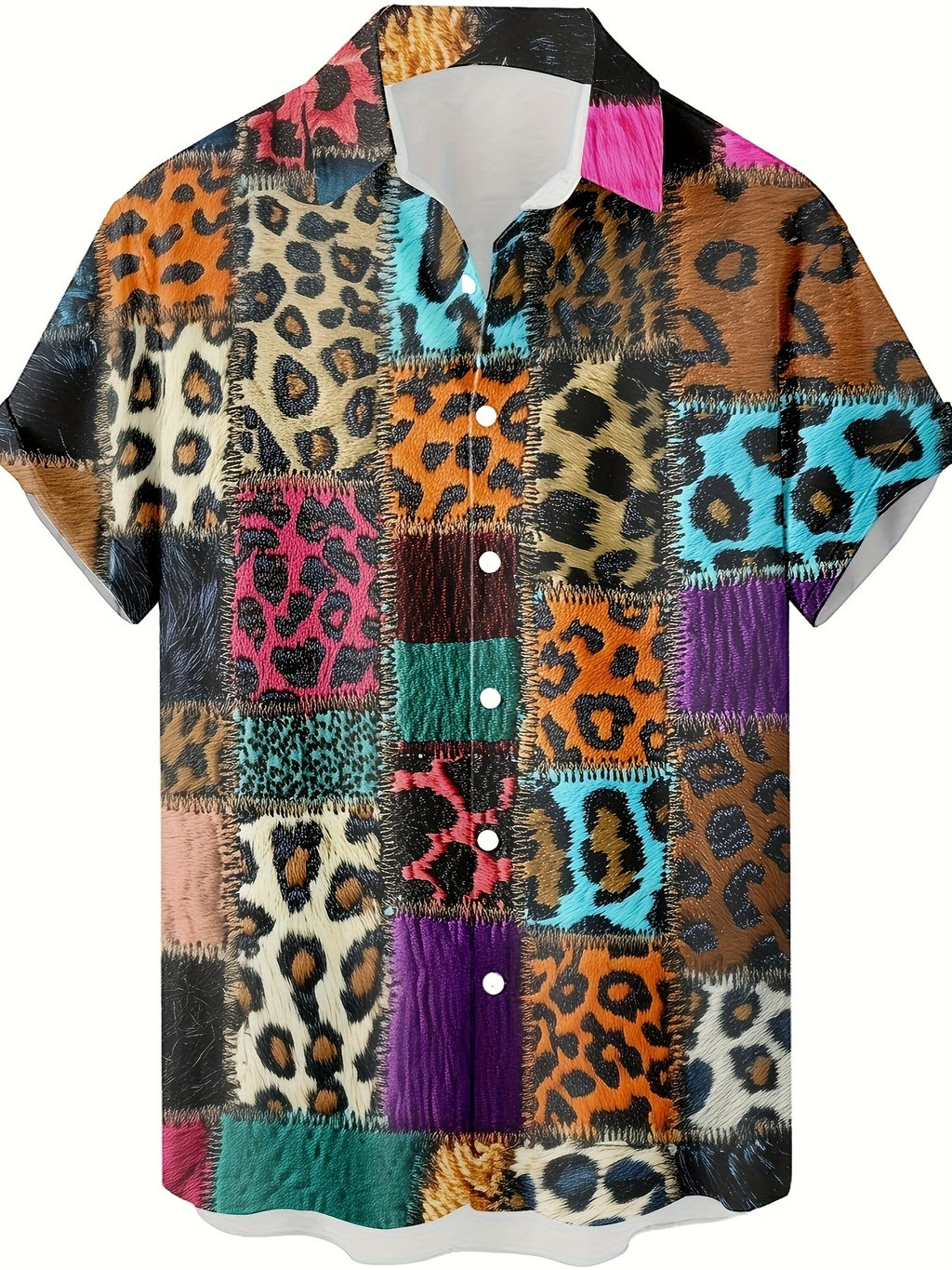 New Patchwork Leopard Print Short Sleeve Shirt, Men'S Casual Button-Up Short Sleeve Shirt Suitable for Beachwear, Vacation And Casual Outings, Casual Summer Top with Breathable Material, Summer Vacation, Casual Loose Fit Tropical Hawaiian Shirt