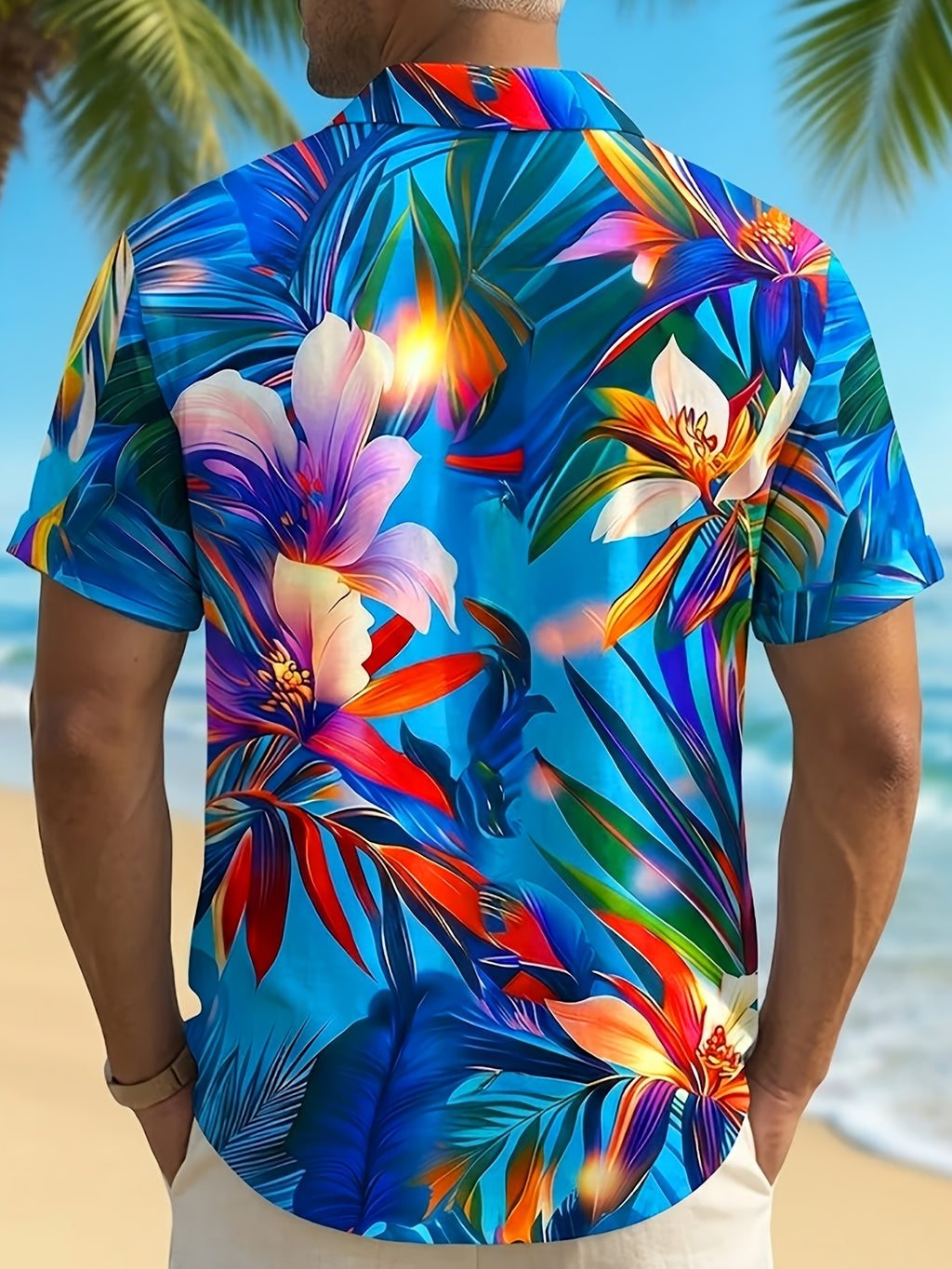 Hawaiian Floral Print Men'S Plus Size Button-Up Short Sleeve Shirt