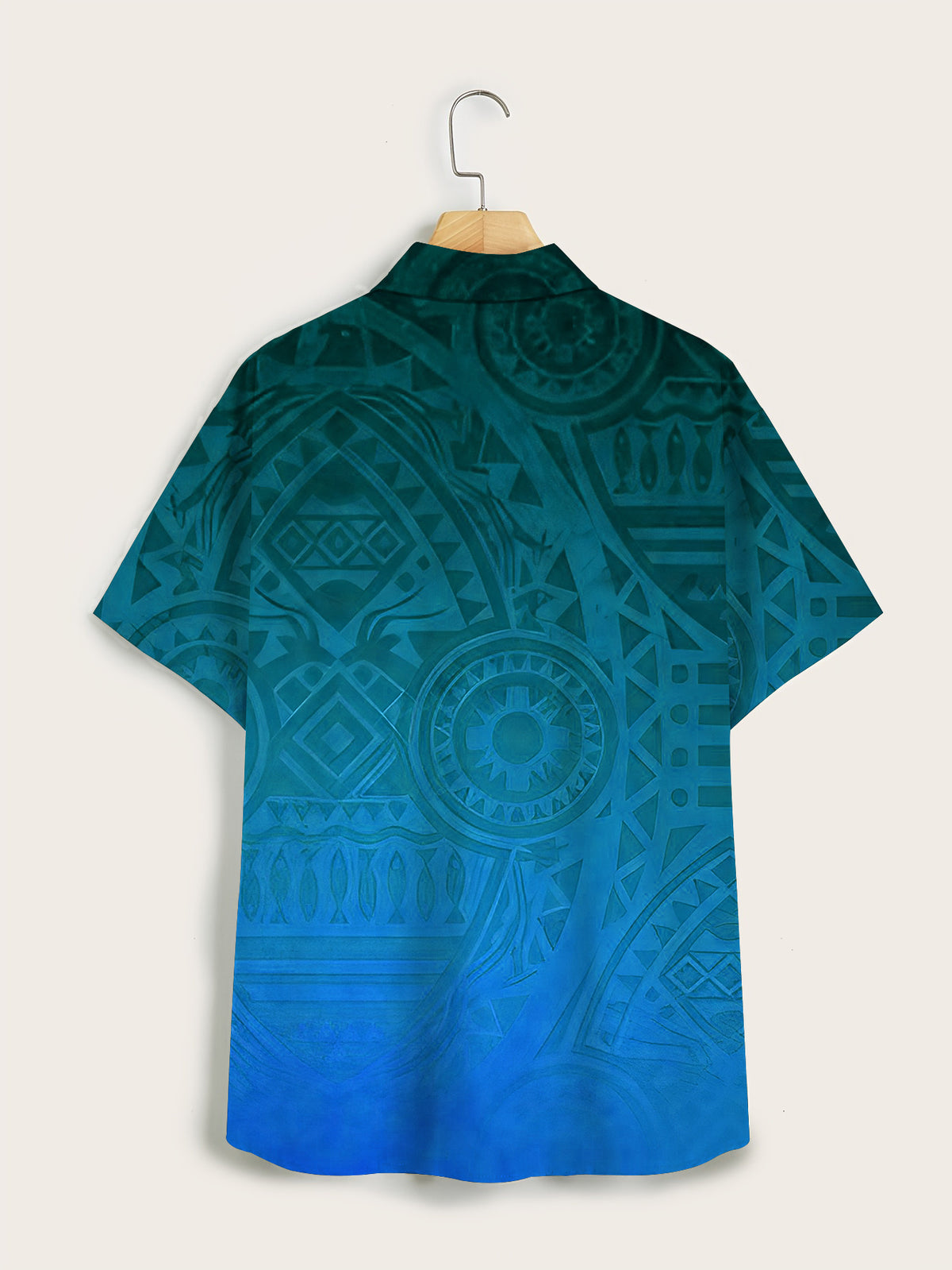 Men's Gradient Blue Polynesian Tribal Totem All-Over Print Short Sleeve Shirt, Lightweight and Draping, for Hawaiian Island Vacation Beach Outfits