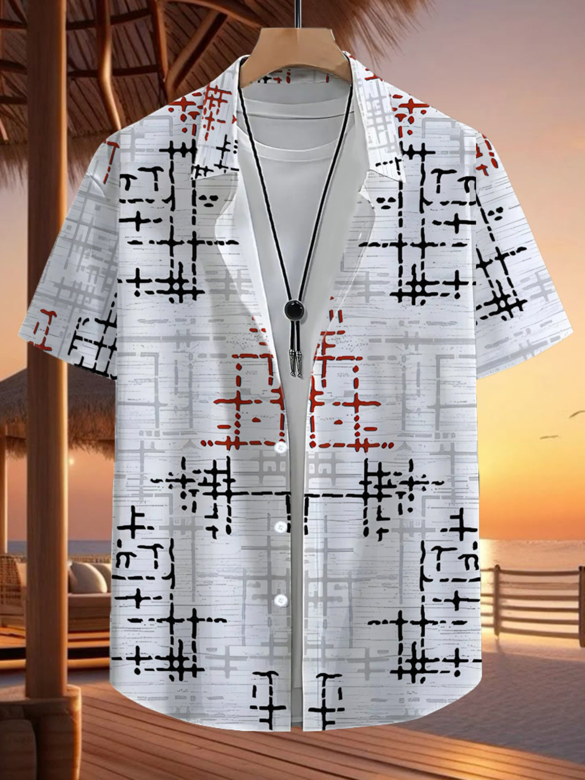 Men'S Casual Short Sleeve Shirt with Anime Line Print - Button-Up Design, Summer Outdoor And Casual Wear, Casual Attire