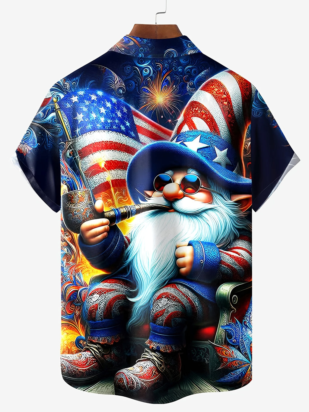 American Flag Gnome Print Men's Plus Size Button-Up Short Sleeve Hawaiian Aloha Shirt, PLUS SIZE