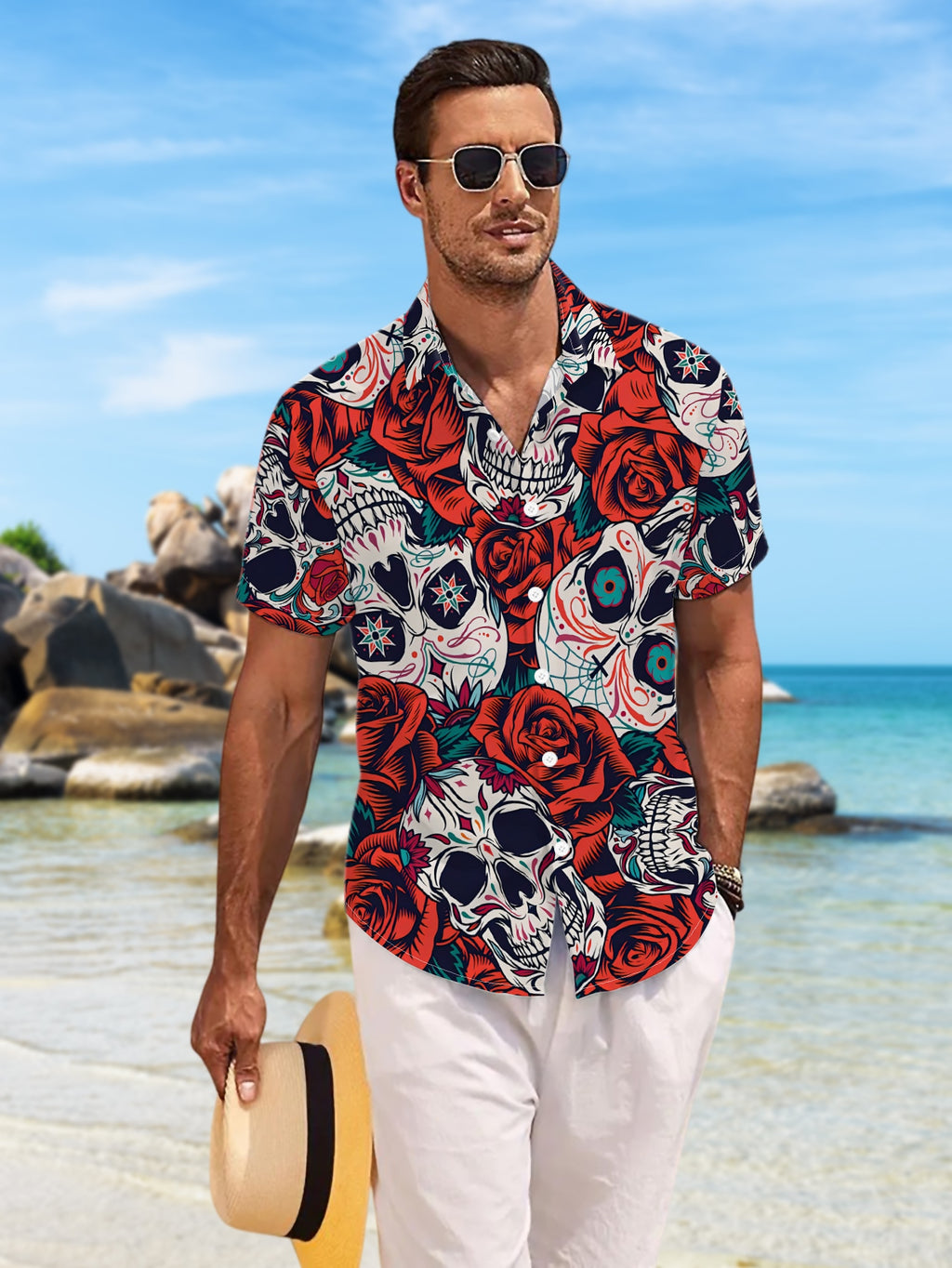 New Men'S Casual Short Sleeve Shirt, Decorated Skull Wrapped in Red Roses Full Coverage, Holiday Party Commute Versatile, Polyester Fabric Machine Washable, Button-Print Shirt