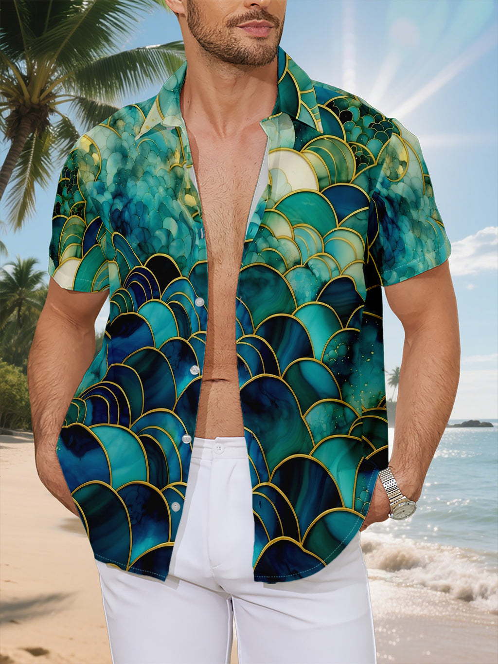 New Men'S Casual Short Sleeve Shirt, Turquoise Golden Scale Pattern Layered Gradient Dye, Festive Gathering Commute All-Match, Polyester Fabric Machine Washable, Lightweight Summer, Suitable for Casual Wear Outdoor Activities And Daily Dressing