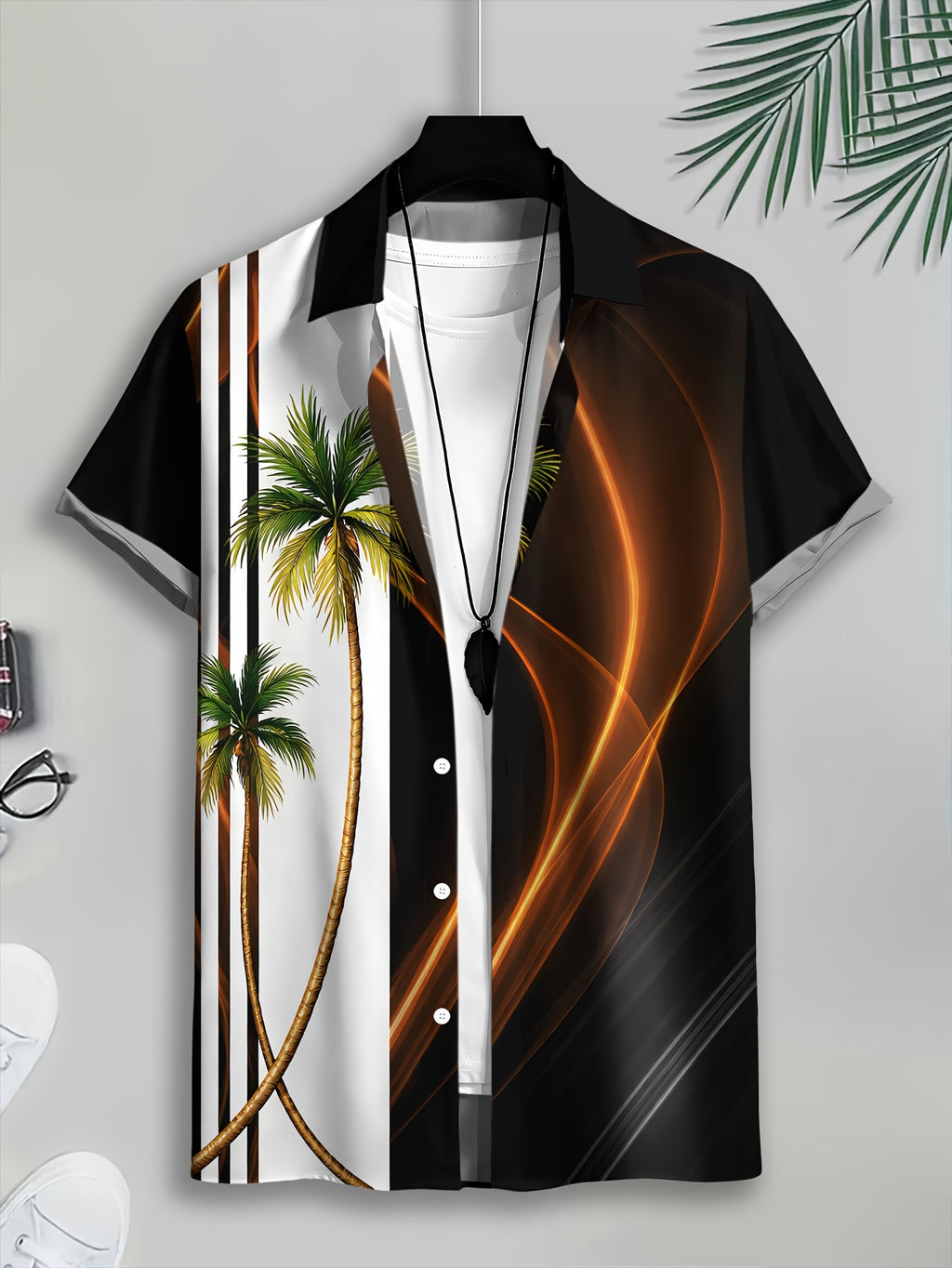 Tropical Hawaiian Style Men'S Casual Shirt, Palm Tree And Abstract Waves Print Summer Vibrant Design