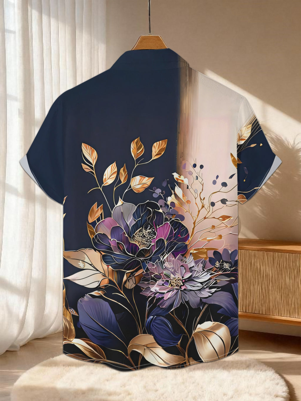 New Men's Casual Short-Sleeve Shirt, Golden Branch with Ink-Colored Floral Clusters, Warm-Toned Light Reflections on a Dark Base, Versatile for Holiday Gatherings and Commuting, Machine-Washable Polyester Fiber Fabric, Button-Up Printed Shirt