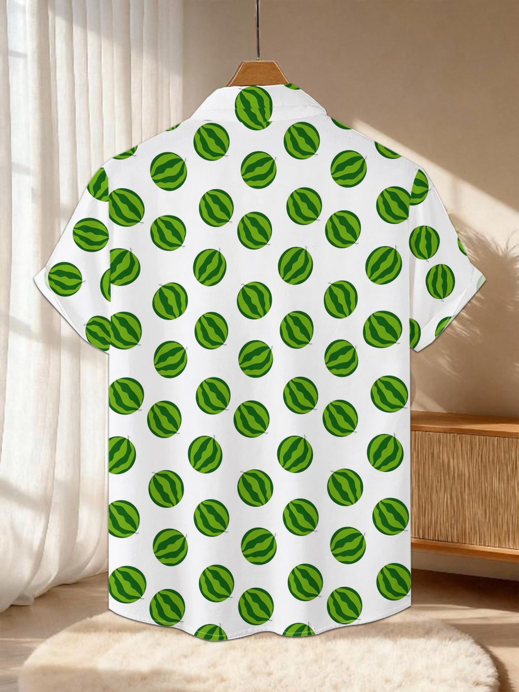 New Men's Casual Short-Sleeve Shirt with All-Over Green Watermelon Pattern on White Background, Versatile for Holiday Parties and Commuting. Made of Polyester Fiber, Machine Washable, Lightweight for Summer. Suitable for Casual Wear